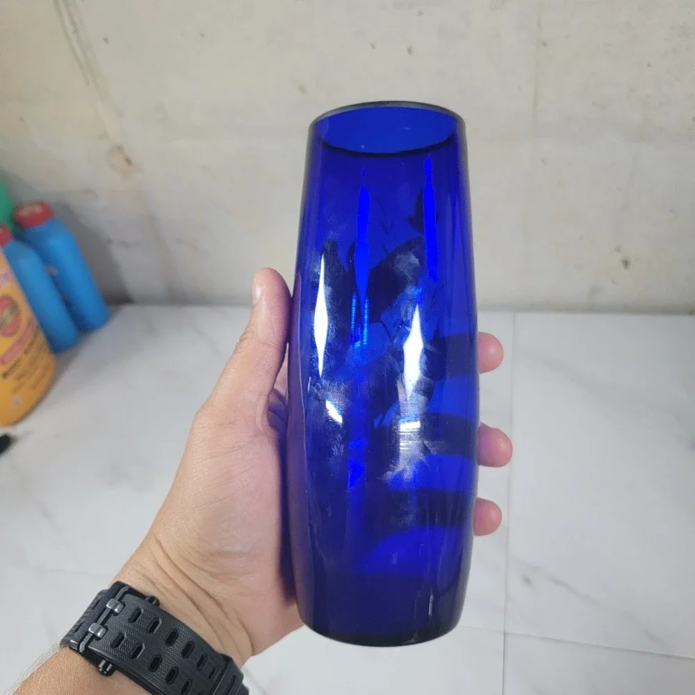 Vintage Cobalt Blue Czech Glass 8.5 Inch Vase Hand Painted‎ Silver Flowers